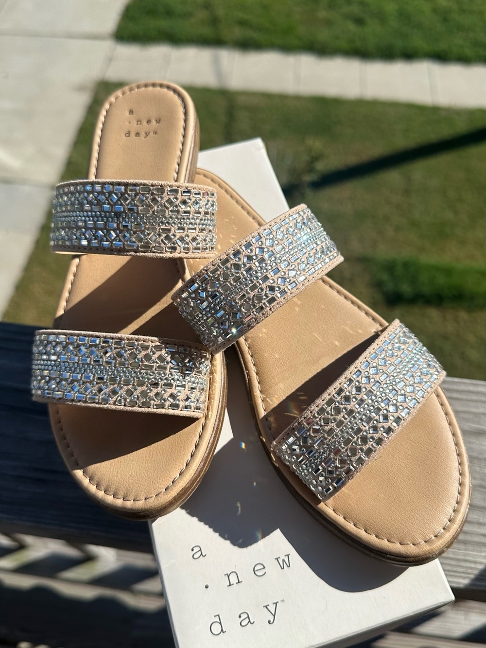 a new day Tan Slide Sandals with Silver Crystal Straps